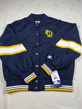 NEW Starter Milwaukee Brewers Full Snap Bomber Jacket Navy Yellow Size Small